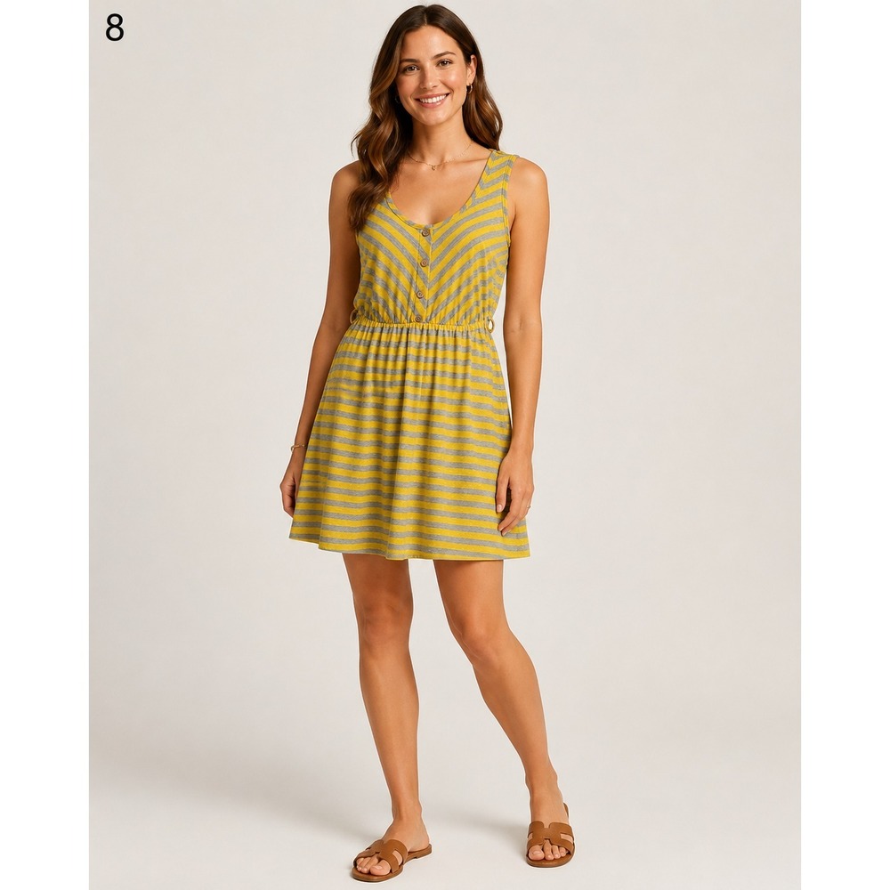 Espresso Dress Womens Juniors Medium Yellow Gray Stripe Lace Back Faux Buttons